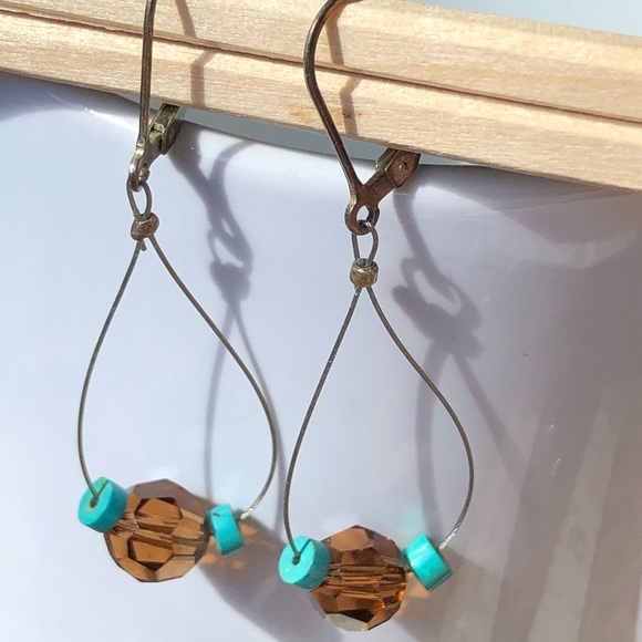 Handmade beaded wire drop earrings w/ Swarovski crystals - Picture 3 of 5